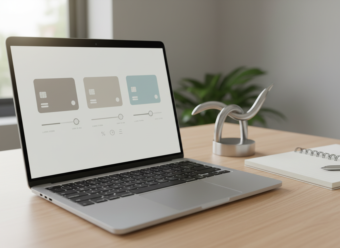 A sleek laptop displaying a clean, modern credit comparison dashboard, with multiple neutral-colored cards showing different loan options, sliders for loan amounts, and subtle icons for interest rates and terms, all without readable text. The laptop rests on a light wooden desk beside a simple notebook and a pen-shaped metal sculpture suggesting analysis. Soft daylight from a nearby window creates gentle reflections on the screen and a calm, professional atmosphere. Shot at eye level with a slight angle, background softly blurred, emphasizing the clarity and neutrality of the comparison tool. Photographic realism with a clean, minimal, trustworthy business aesthetic.