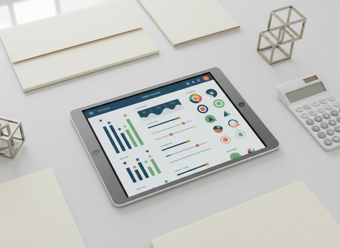 A close-up of a tablet lying on a smooth, matte white desk, showing a detailed, colorful but restrained credit comparison interface with columns, rating-style icons, and adjustable sliders, all using abstract shapes instead of readable text. Around it are neatly stacked neutral folders, a simple calculator, and a small, geometric metal paperweight suggesting structure and reliability. Soft, overcast natural light from above creates minimal shadows and a balanced, professional tone. Shot from a top-down perspective with sharp focus across the frame, emphasizing clarity, order, and responsible, non-promotional loan comparison in a modern, photographic style.