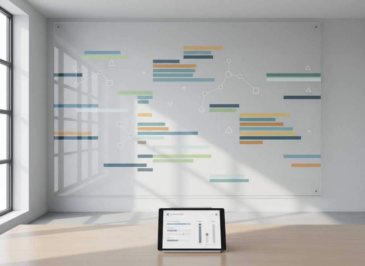 A large, wall-mounted transparent glass board filled with abstract colored bars, neutral icons, and simple shapes representing different credit offers, no legible text, in a bright, uncluttered office space. Below, a tidy desk holds an open tablet showing a simplified, neutral credit comparison interface with sliders and comparison columns. Soft, diffused daylight enters from a side window, creating faint reflections on the glass board and gentle shadows on the desk. Captured from a slightly elevated angle, with sharp focus on the tablet and board, the mood is analytical yet accessible, conveying unbiased, non-binding financial comparison through photographic realism.